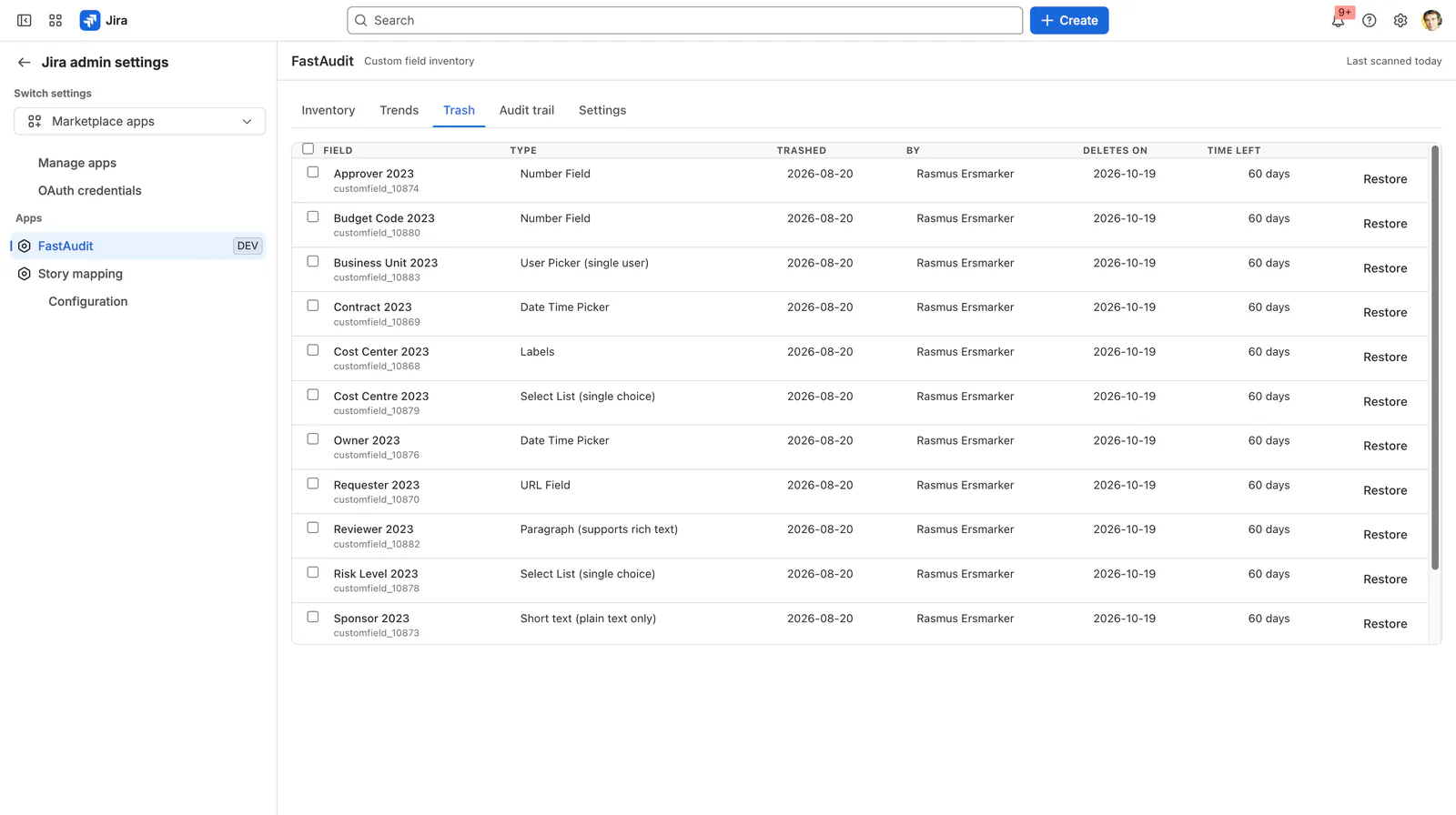The FastAudit trash view listing fields moved to Jira's field trash with the deletion date Jira has set for each, and a restore action