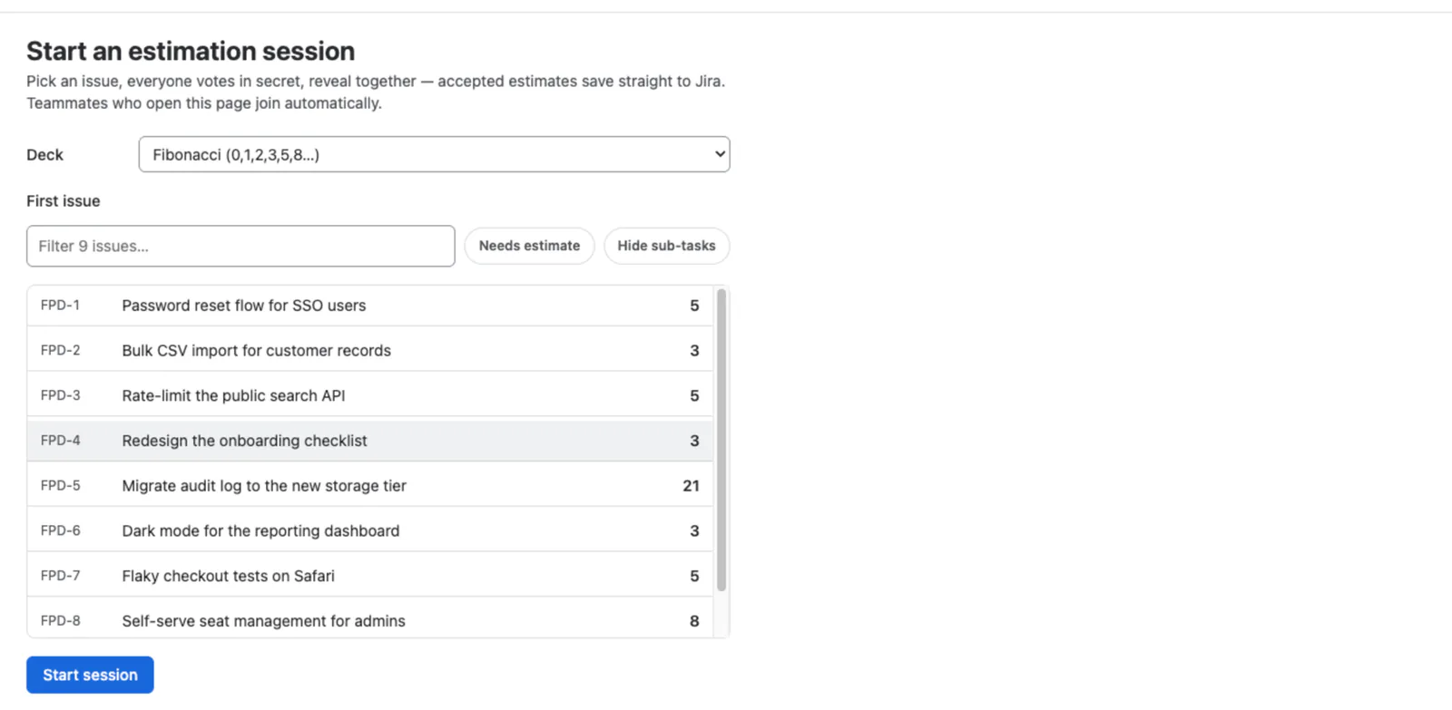 The FastPoker backlog picker showing issues from the project with filters for unestimated issues, the current sprint and sub-tasks